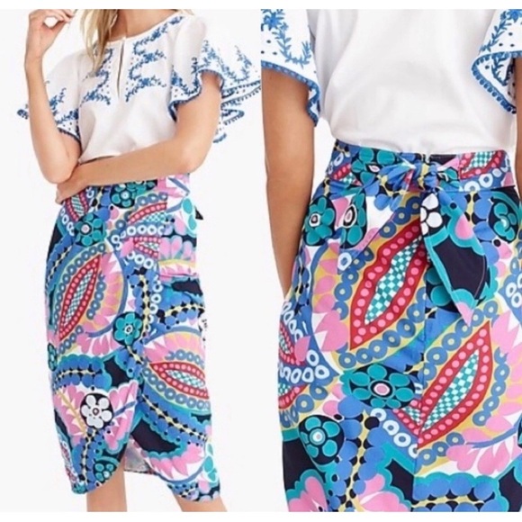 J. CREW NWT Floral Tie Wrap linen Tulip Pencil Skirt Colorful Blue Pink size 2 - Picture 1 of 13